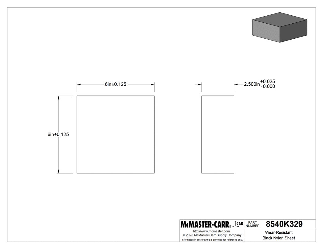 Technical Drawing of Wear-Resistant Black Nylon Sheet, 6" x 6" x 2-1/2".